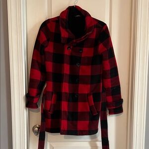 Red and Black Plaid Pea Coat